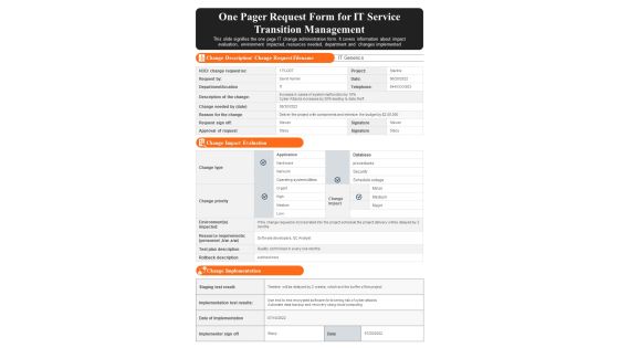 One Pager Request Form For IT Service Transition Management PDF Document PPT Template One Pager Request Form For IT Service Transition Management PDF Document PPT Template