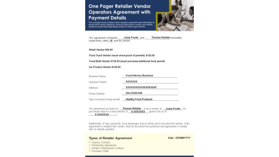 One Pager Retailer Vendor Operators Agreement With Payment Details PDF Document PPT Template