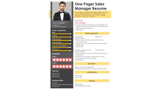 One Pager Sales Manager Resume PDF Document PPT Template