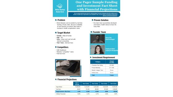 One Pager Sample Funding And Investment Fact Sheet With Financial Projections PDF Document PPT Template One Pager Sample Funding And Investment Fact Sheet With Financial Projections PDF Document PPT Template