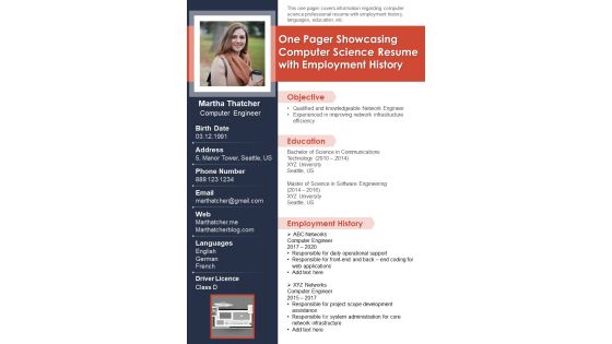 One Pager Showcasing Computer Science Resume With Employment History PDF Document PPT Template One Pager Showcasing Computer Science Resume With Employment History PDF Document PPT Template