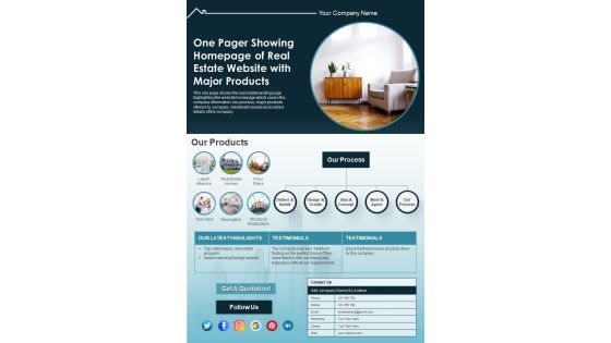 One Pager Showing Homepage Of Real Estate Website With Major Products PDF Document PPT Template