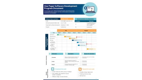 One Pager Software Development Progress Document PDF Document PPT Template One Pager Software Development Progress Document PDF Document PPT Template