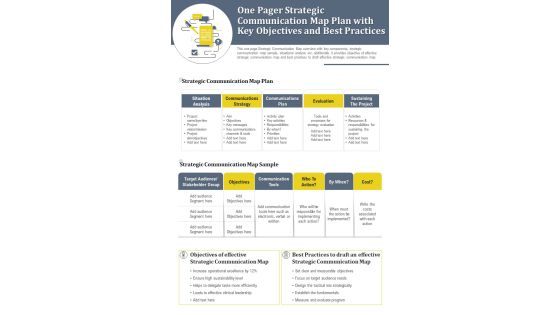 One Pager Strategic Communication Map Plan With Key Objectives And Best Practices PDF Document PPT Template