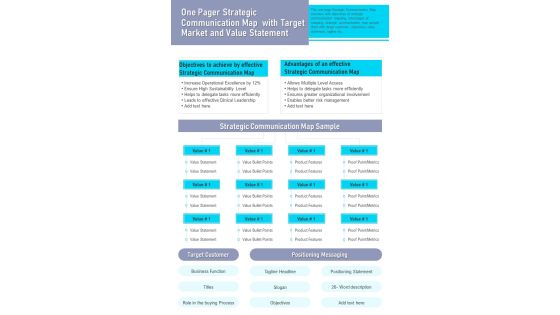 One Pager Strategic Communication Map With Target Market And Value Statement PDF Document PPT Template