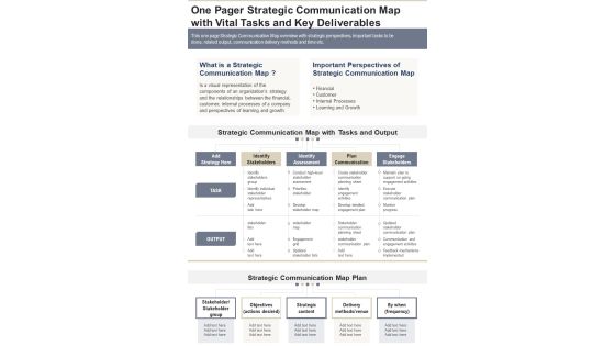 One Pager Strategic Communication Map With Vital Tasks And Key Deliverables PDF Document PPT Template