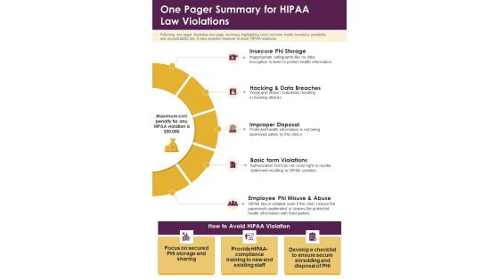One Pager Summary For HIPAA Law Violations PDF Document PPT Template One Pager Summary For HIPAA Law Violations PDF Document PPT Template