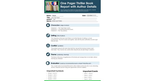 One Pager Thriller Book Report With Author Details PDF Document PPT Template
