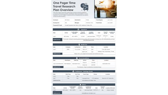 One Pager Time Travel Research Plan Overview PDF Document PPT Template