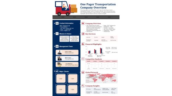One Pager Transportation Company Overview PDF Document PPT Template One Pager Transportation Company Overview PDF Document PPT Template