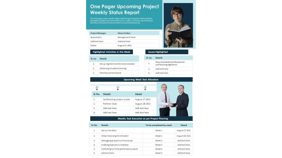 One Pager Upcoming Project Weekly Status Report PDF Document PPT Template One Pager Upcoming Project Weekly Status Report PDF Document PPT Template