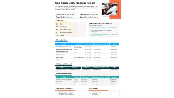 One Pager Utility Progress Report PDF Document PPT Template