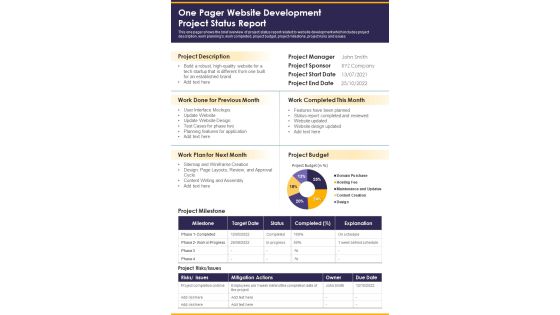 One Pager Website Development Project Status Report PDF Document PPT Template
