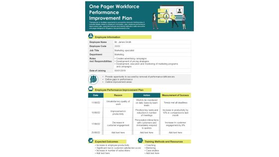One Pager Workforce Performance Improvement Plan PDF Document PPT Template One Pager Workforce Performance Improvement Plan PDF Document PPT Template