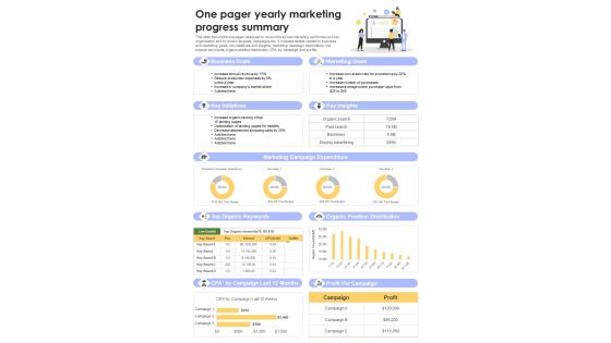 One Pager Yearly Marketing Progress Summary PDF Document PPT Template