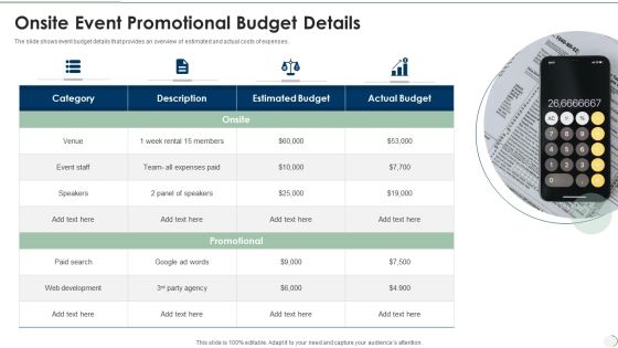 Onsite Event Promotional Budget Details Icons PDF