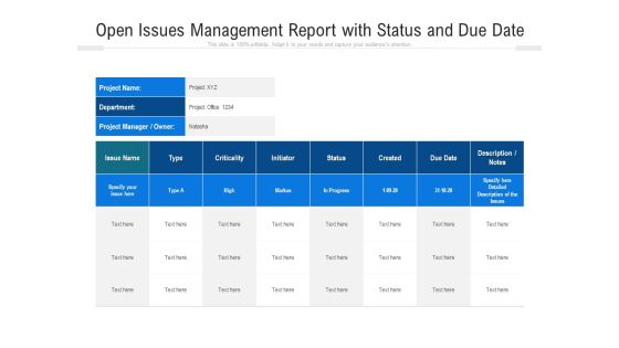 Open Issues Management Report With Status And Due Date Ppt PowerPoint Presentation File Design Ideas PDF