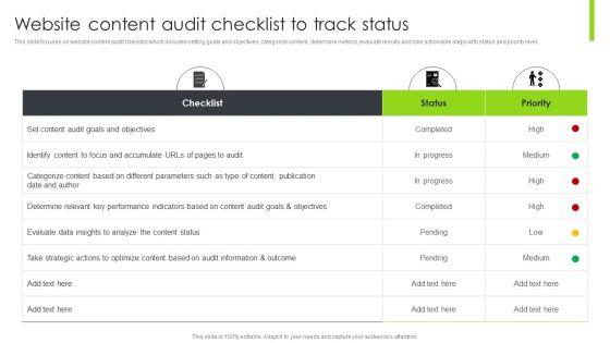 Optimizing Content Marketing Strategies To Enhance Conversion Rate Website Content Audit Checklist To Track Status Designs PDF Optimizing Content Marketing Strategies To Enhance Conversion Rate Website Content Audit Checklist To Track Status Designs PDF