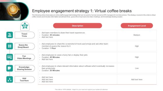 Organising Staff Flexible Job Arrangements Employee Engagement Strategy 1 Virtual Coffee Breaks Elements PDF Organising Staff Flexible Job Arrangements Employee Engagement Strategy 1 Virtual Coffee Breaks Elements PDF
