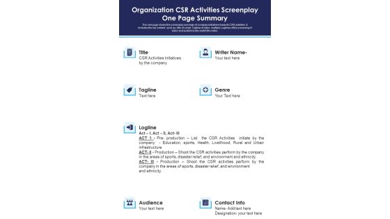 Organization CSR Activities Screenplay One Page Summary PDF Document PPT Template Organization CSR Activities Screenplay One Page Summary PDF Document PPT Template