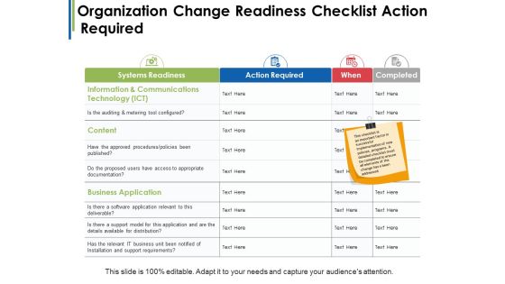 Organization Change Readiness Checklist Action Required Ppt PowerPoint Presentation Pictures Samples Organization Change Readiness Checklist Action Required Ppt PowerPoint Presentation Pictures Samples