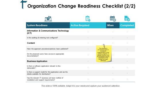 Organization Change Readiness Checklist Table Ppt PowerPoint Presentation Show Files