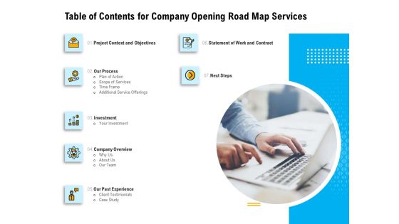 Organization Inception Timeline Proposal Table Of Contents For Company Opening Road Map Services Demonstration PDF