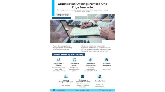 Organization Offerings Portfolio One Page Template PDF Document PPT Template