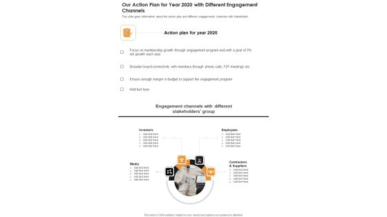 Our Action Plan For Year 2020 With Different Engagement Channels One Pager Documents Our Action Plan For Year 2020 With Different Engagement Channels One Pager Documents