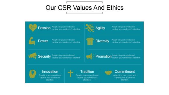 Our Csr Values And Ethics Ppt PowerPoint Presentation Gallery