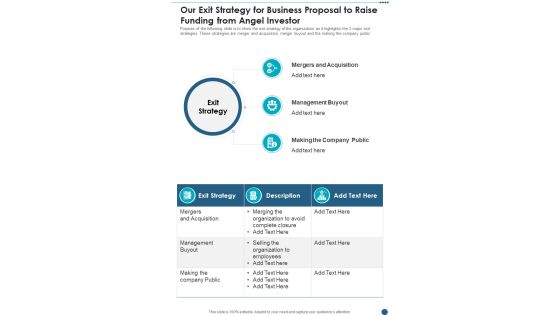 Our Exit Strategy For Business Proposal To Raise Funding From Angel Investor One Pager Sample Example Document Our Exit Strategy For Business Proposal To Raise Funding From Angel Investor One Pager Sample Example Document