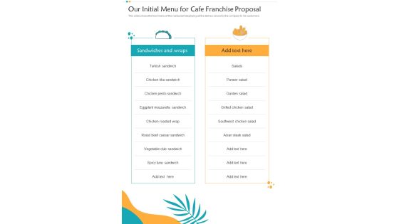Our Initial Menu For Cafe Franchise Proposal One Pager Sample Example Document Our Initial Menu For Cafe Franchise Proposal One Pager Sample Example Document