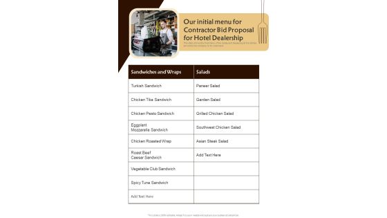 Our Initial Menu For Contractor Bid Proposal For Hotel Dealership One Pager Sample Example Document Our Initial Menu For Contractor Bid Proposal For Hotel Dealership One Pager Sample Example Document