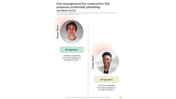 Our Management For Contractors Bid Proposal Residential Plumbing Services One Pager Sample Example Document Our Management For Contractors Bid Proposal Residential Plumbing Services One Pager Sample Example Document