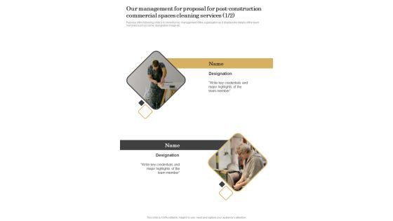 Our Management For Proposal For Post Construction Commercial Spaces Cleaning Services One Pager Sample Example Document Our Management For Proposal For Post Construction Commercial Spaces Cleaning Services One Pager Sample Example Document