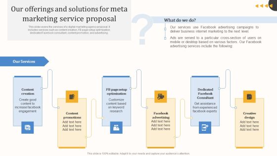 Our Offerings And Solutions For Meta Marketing Service Proposal Infographics PDF Our Offerings And Solutions For Meta Marketing Service Proposal Infographics PDF