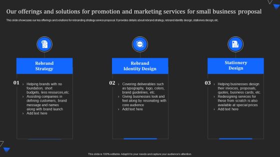 Our Offerings And Solutions For Promotion And Marketing Services For Small Business Proposal Rules PDF Our Offerings And Solutions For Promotion And Marketing Services For Small Business Proposal Rules PDF