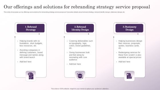 Our Offerings And Solutions For Rebranding Strategy Service Proposal Summary PDF Our Offerings And Solutions For Rebranding Strategy Service Proposal Summary PDF