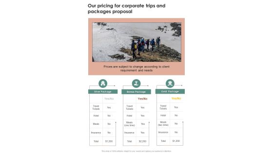 Our Pricing For Corporate Trips And Packages Proposal One Pager Sample Example Document Our Pricing For Corporate Trips And Packages Proposal One Pager Sample Example Document