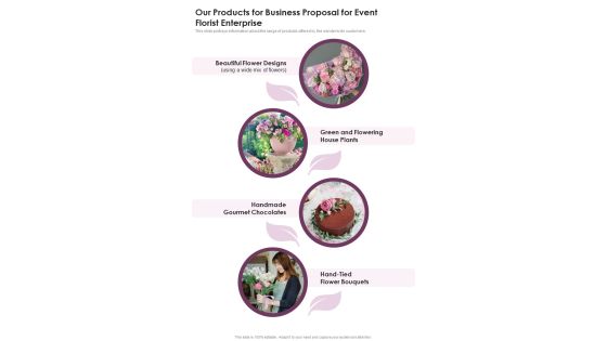 Our Products For Business Proposal For Event Florist Enterprise One Pager Sample Example Document Our Products For Business Proposal For Event Florist Enterprise One Pager Sample Example Document