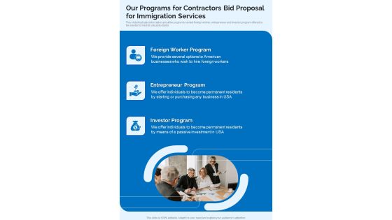 Our Programs For Contractors Bid Proposal For Immigration Services One Pager Sample Example Document Our Programs For Contractors Bid Proposal For Immigration Services One Pager Sample Example Document