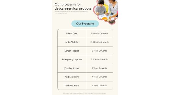 Our Programs For Daycare Services Proposal One Pager Sample Example Document