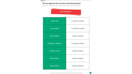 Our Programs For Nursery School Proposal One Pager Sample Example Document Our Programs For Nursery School Proposal One Pager Sample Example Document