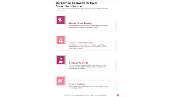 Our Service Approach For Floral Decorations Service One Pager Sample Example Document Our Service Approach For Floral Decorations Service One Pager Sample Example Document