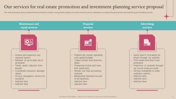 Our Services For Real Estate Promotion And Investment Planning Service Proposal Icons PDF