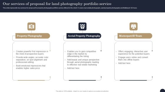 Our Services Of Proposal For Land Photography Portfolio Service Icons PDF Our Services Of Proposal For Land Photography Portfolio Service Icons PDF