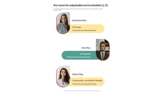 Our Team For Adjustable Work Schedule One Pager Sample Example Document Our Team For Adjustable Work Schedule One Pager Sample Example Document