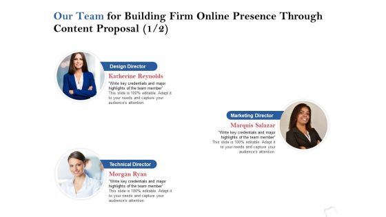 Our Team For Building Firm Online Presence Through Content Proposal Strategy Ppt PowerPoint Presentation Ideas Rules Our Team For Building Firm Online Presence Through Content Proposal Strategy Ppt PowerPoint Presentation Ideas Rules