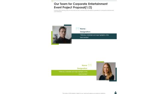 Our Team For Corporate Entertainment Event Project Proposal One Pager Sample Example Document Our Team For Corporate Entertainment Event Project Proposal One Pager Sample Example Document