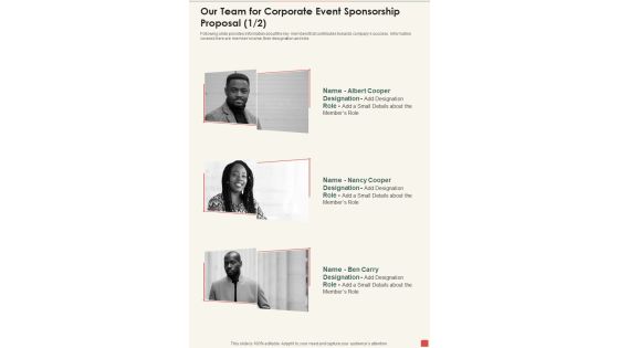 Our Team For Corporate Event Sponsorship Proposal One Pager Sample Example Document Our Team For Corporate Event Sponsorship Proposal One Pager Sample Example Document